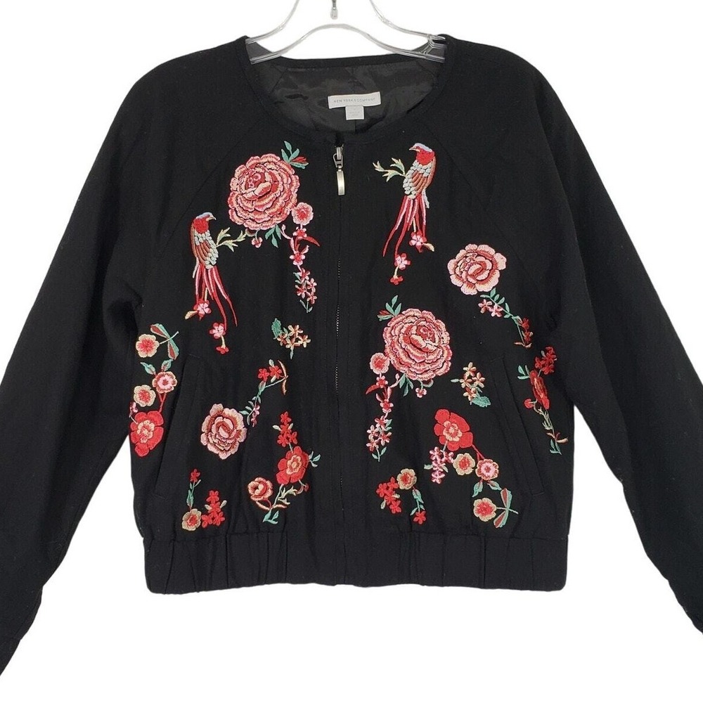 New York & Company Women Small Black Embroidered Floral‎ Bird Full Zip Jacket